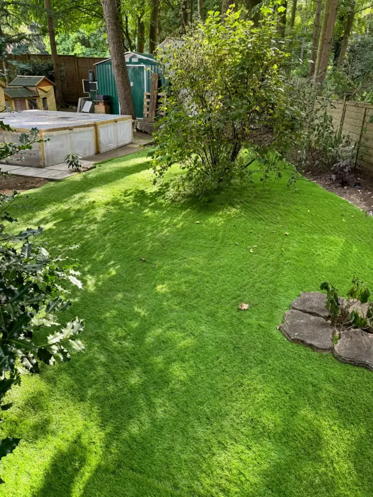 Artificial grass garden installation in Gainsborough by landscape gardeners featuring bright green synthetic turf laid around mature trees and natural stone features in a shaded woodland style garden