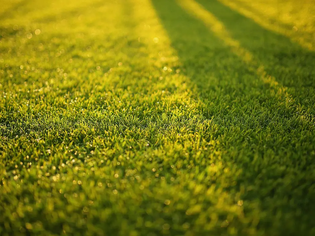 Close-up of freshly laid artificial grass lawn with sunlight highlighting lush green texture and even finish. Installed by Reshape Landscaping in Gainsborough, Lincolnshire.