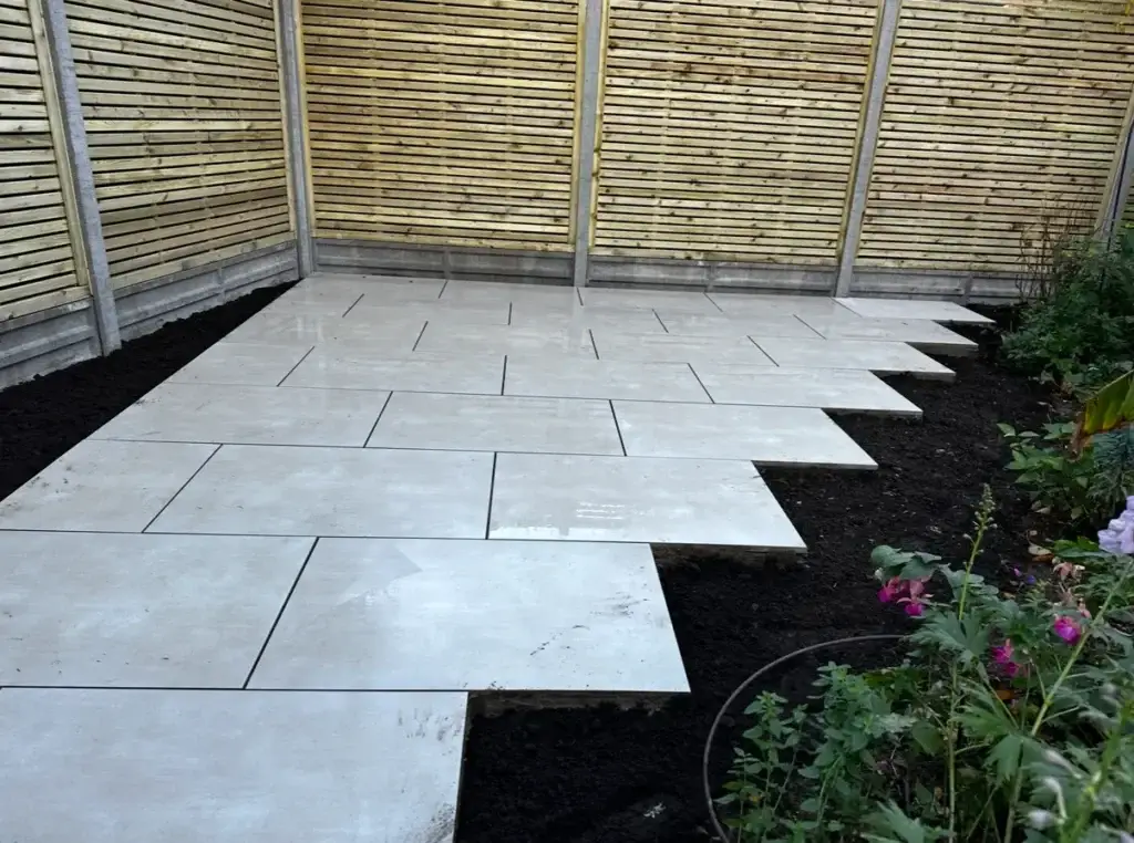 Porcelain patio installation in progress in Lincoln.