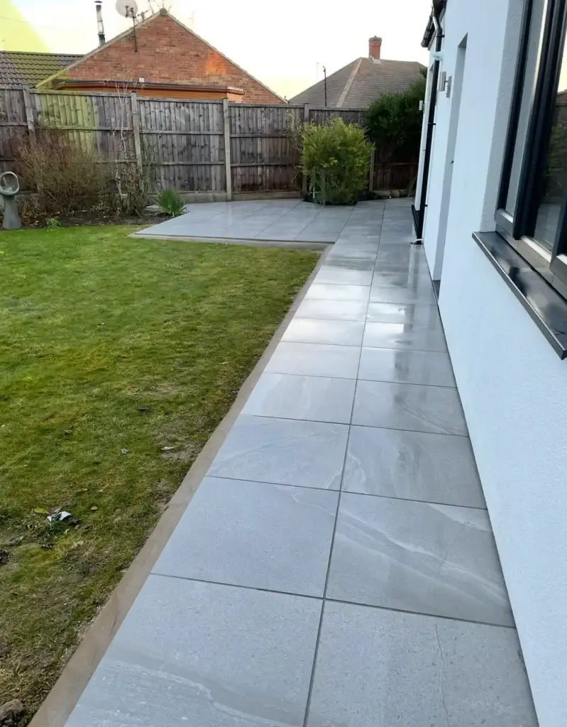 Light grey porcelain patio and garden pathway installation in Gainsborough