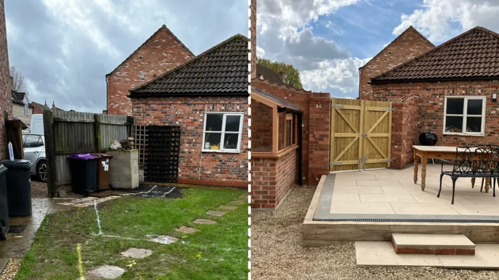 Before and after of a garden makeover showing lawn replaced with modern patio and seating area