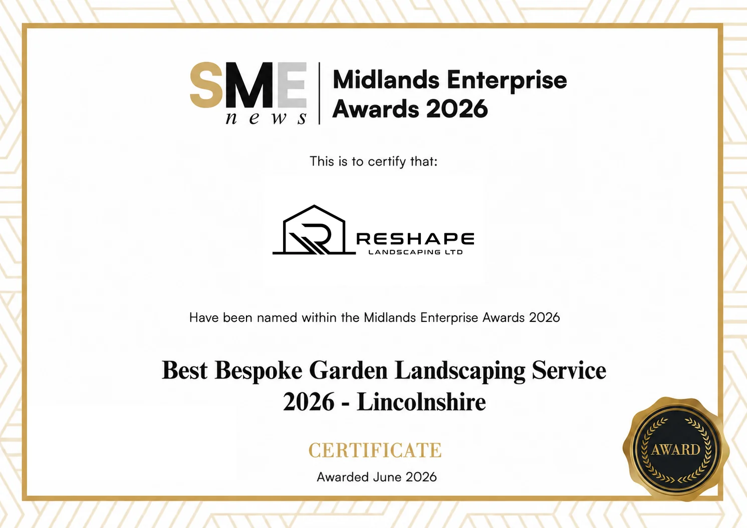 SME News Midlands Enterprise Awards 2026 certificate - Reshape Landscaping, Best Bespoke Garden Landscaping Service 2026, Lincolnshire